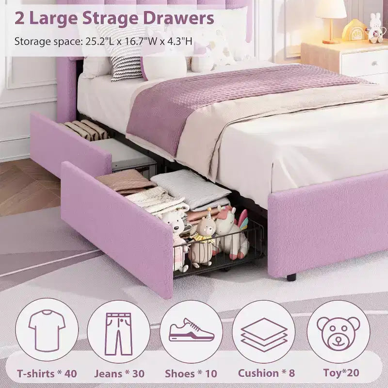 Cadre de lit avec tête de lit de rangement, cadre de lit pour enfant avec 2 tiroirs, lit plateforme tapissé en tissu, tête de lit profilée avec étagère.