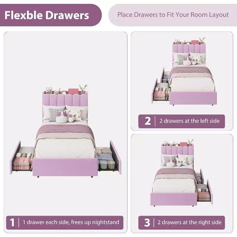 Cadre de lit avec tête de lit de rangement, cadre de lit pour enfant avec 2 tiroirs, lit plateforme tapissé en tissu, tête de lit profilée avec étagère.