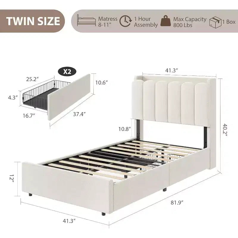 Cadre de lit avec tête de lit de rangement, cadre de lit pour enfant avec 2 tiroirs, lit plateforme tapissé en tissu, tête de lit profilée avec étagère.