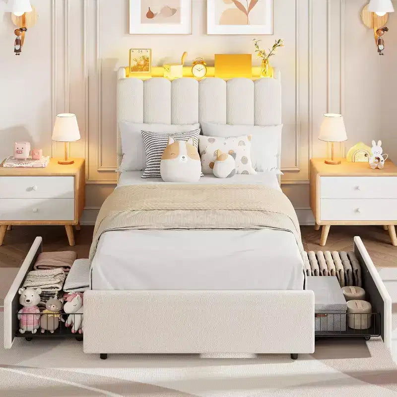 Cadre de lit avec tête de lit de rangement, cadre de lit pour enfant avec 2 tiroirs, lit plateforme tapissé en tissu, tête de lit profilée avec étagère.