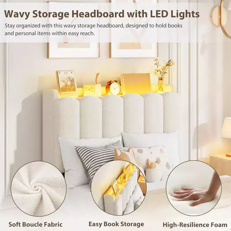 Cadre de lit avec tête de lit de rangement, cadre de lit pour enfant avec 2 tiroirs, lit plateforme tapissé en tissu, tête de lit profilée avec étagère.