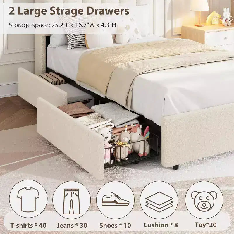 Cadre de lit avec tête de lit de rangement, cadre de lit pour enfant avec 2 tiroirs, lit plateforme tapissé en tissu, tête de lit profilée avec étagère.