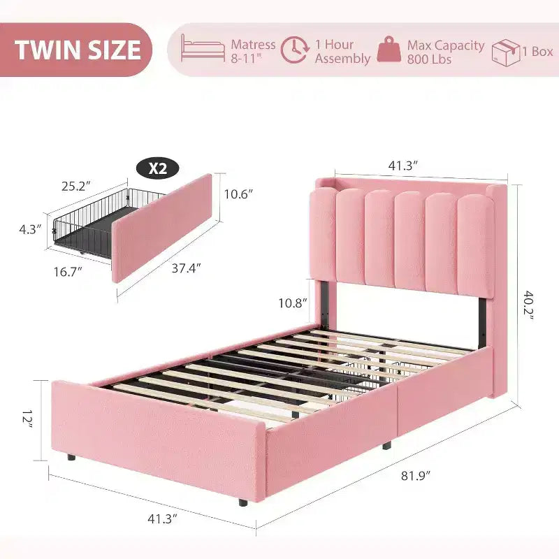 Cadre de lit avec tête de lit de rangement, cadre de lit pour enfant avec 2 tiroirs, lit plateforme tapissé en tissu, tête de lit profilée avec étagère.