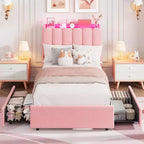 Cadre de lit avec tête de lit de rangement, cadre de lit pour enfant avec 2 tiroirs, lit plateforme tapissé en tissu, tête de lit profilée avec étagère.