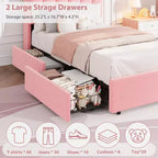 Cadre de lit avec tête de lit de rangement, cadre de lit pour enfant avec 2 tiroirs, lit plateforme tapissé en tissu, tête de lit profilée avec étagère.