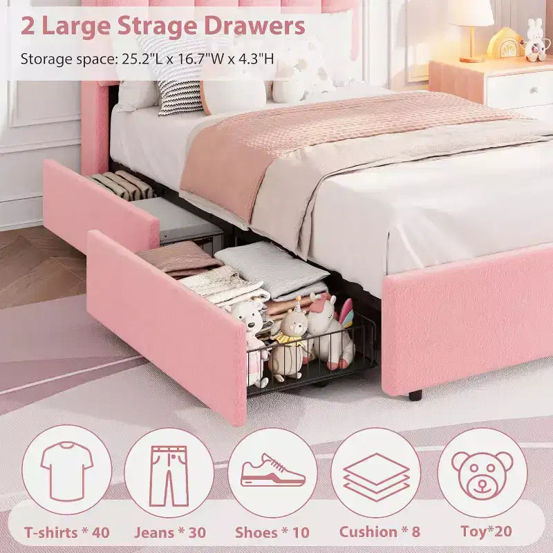 Cadre de lit avec tête de lit de rangement, cadre de lit pour enfant avec 2 tiroirs, lit plateforme tapissé en tissu, tête de lit profilée avec étagère.