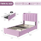 Cadre de lit avec tête de lit de rangement, cadre de lit pour enfant avec 2 tiroirs, lit plateforme tapissé en tissu, tête de lit profilée avec étagère.