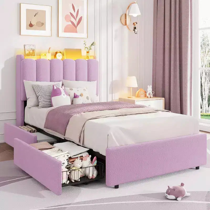 Cadre de lit avec tête de lit de rangement, cadre de lit pour enfant avec 2 tiroirs, lit plateforme tapissé en tissu, tête de lit profilée avec étagère.