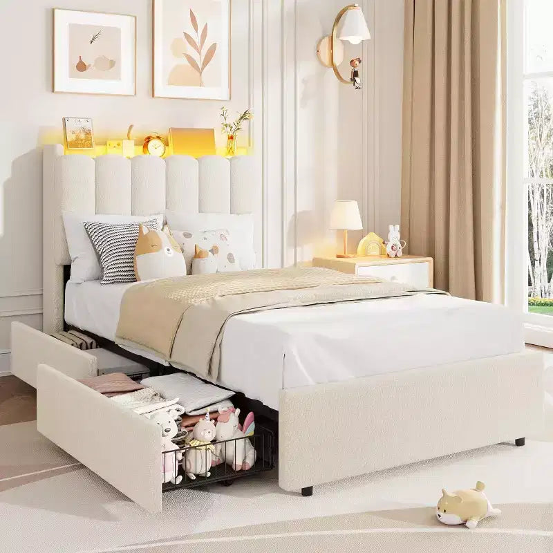 Cadre de lit avec tête de lit de rangement, cadre de lit pour enfant avec 2 tiroirs, lit plateforme tapissé en tissu, tête de lit profilée avec étagère.