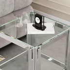 Table d'appoint double couche en verre trempé élégante Okak, avec cadre en acier inoxydable finition miroir, table d'appoint pour le salon