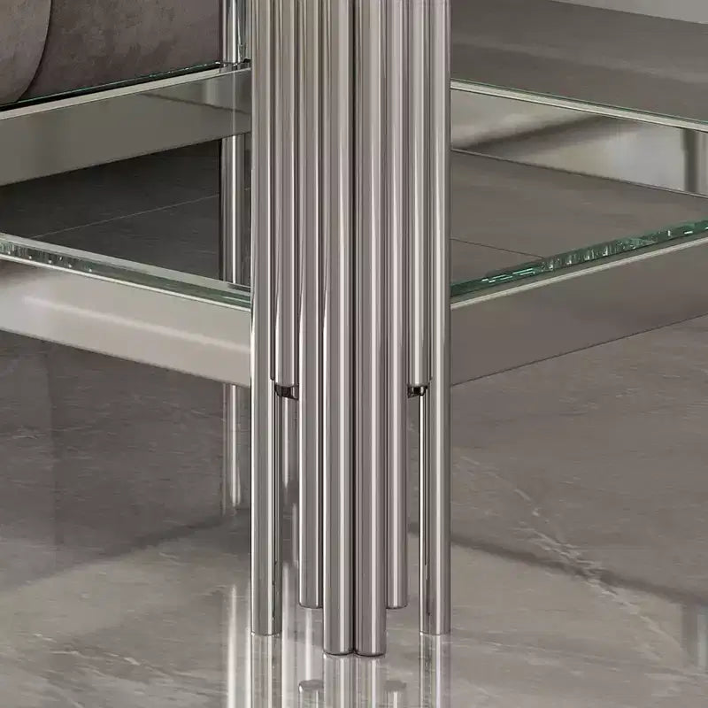 Table d'appoint double couche en verre trempé élégante Okak, avec cadre en acier inoxydable finition miroir, table d'appoint pour le salon