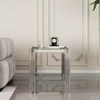 Table d'appoint double couche en verre trempé élégante Okak, avec cadre en acier inoxydable finition miroir, table d'appoint pour le salon