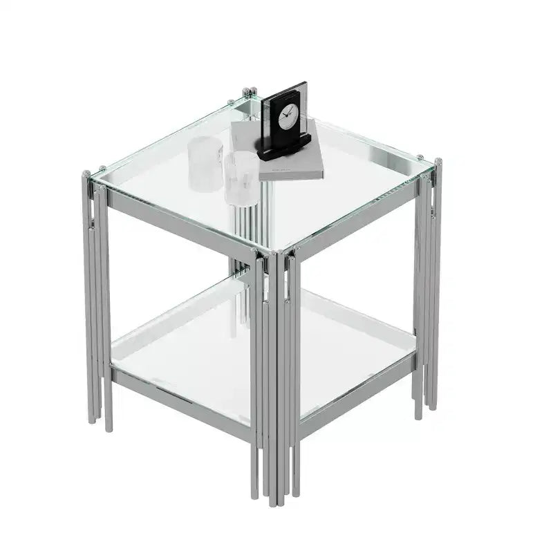 Table d'appoint double couche en verre trempé élégante Okak, avec cadre en acier inoxydable finition miroir, table d'appoint pour le salon