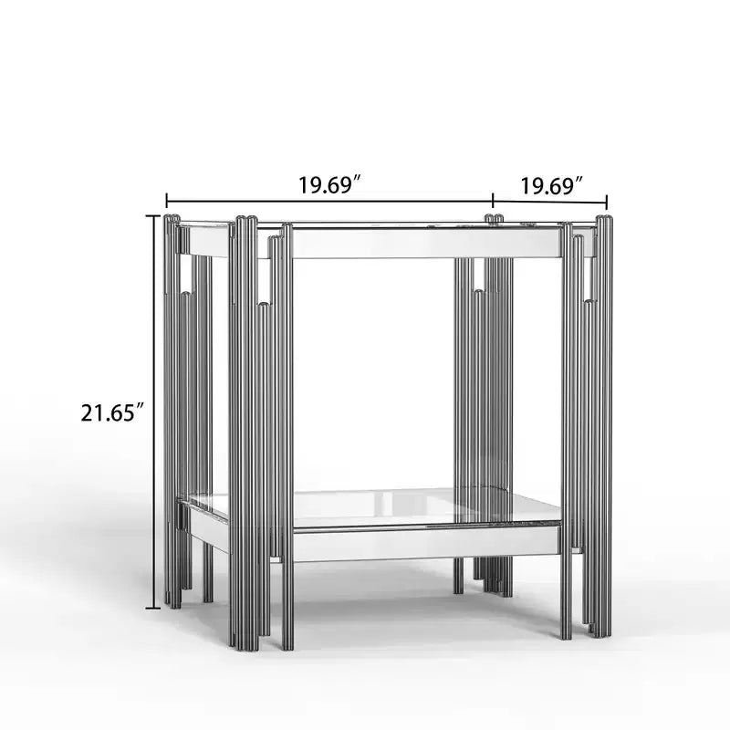 Table d'appoint double couche en verre trempé élégante Okak, avec cadre en acier inoxydable finition miroir, table d'appoint pour le salon