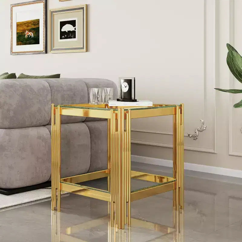 Table d'appoint double couche en verre trempé élégante Okak, avec cadre en acier inoxydable finition miroir, table d'appoint pour le salon