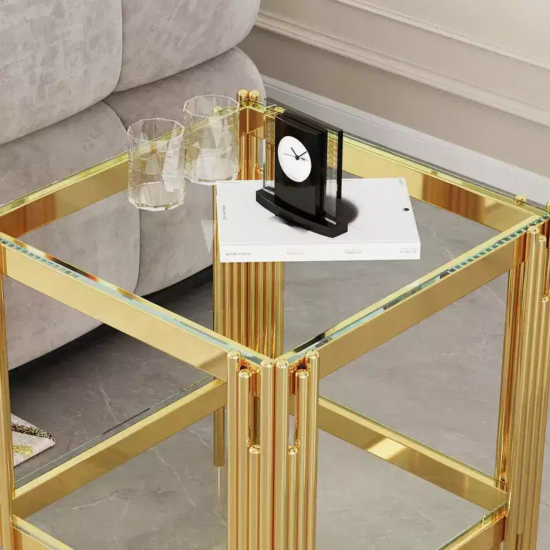 Table d'appoint double couche en verre trempé élégante Okak, avec cadre en acier inoxydable finition miroir, table d'appoint pour le salon