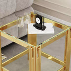 Table d'appoint double couche en verre trempé élégante Okak, avec cadre en acier inoxydable finition miroir, table d'appoint pour le salon