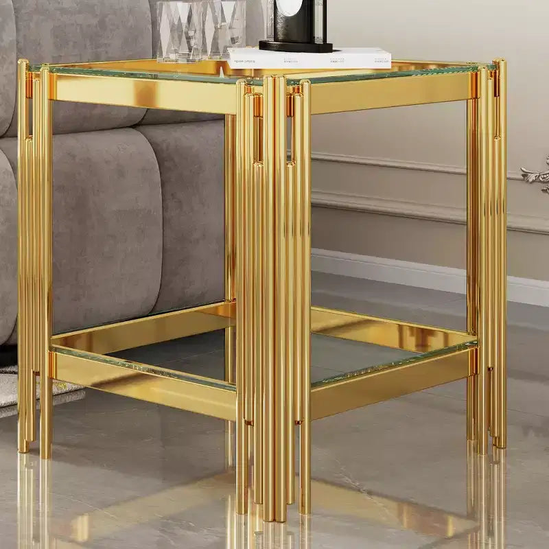 Table d'appoint double couche en verre trempé élégante Okak, avec cadre en acier inoxydable finition miroir, table d'appoint pour le salon