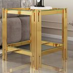 Table d'appoint double couche en verre trempé élégante Okak, avec cadre en acier inoxydable finition miroir, table d'appoint pour le salon