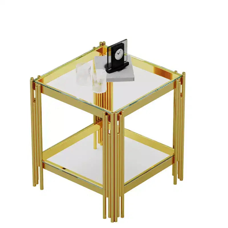 Table d'appoint double couche en verre trempé élégante Okak, avec cadre en acier inoxydable finition miroir, table d'appoint pour le salon
