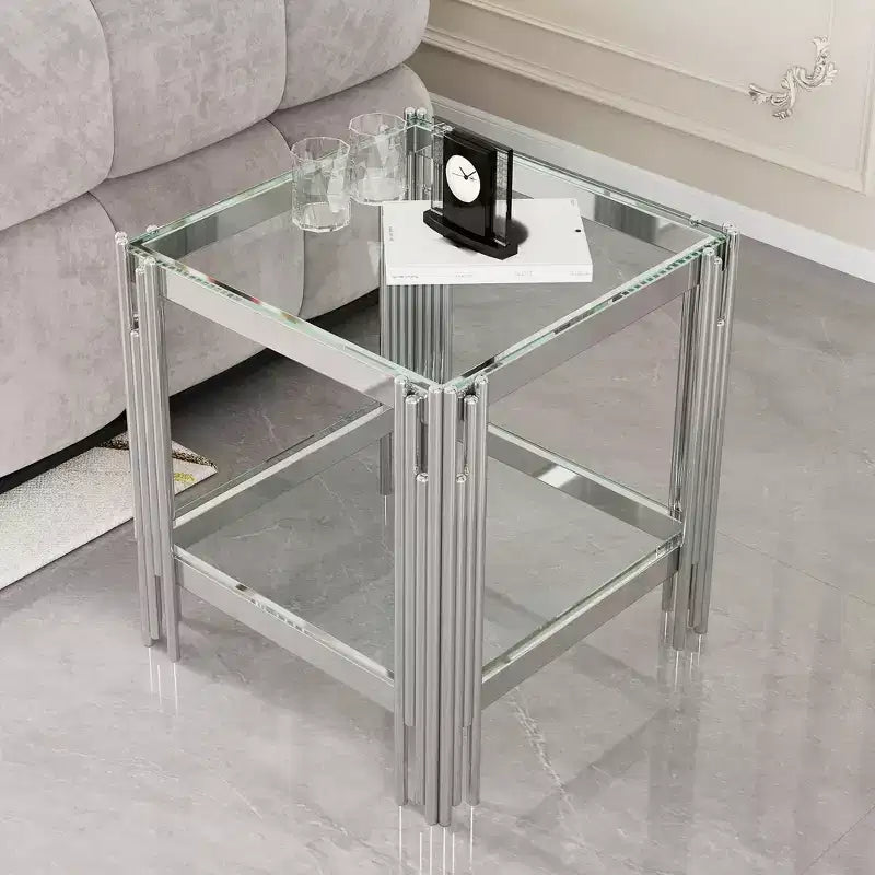 Table d'appoint double couche en verre trempé élégante Okak, avec cadre en acier inoxydable finition miroir, table d'appoint pour le salon