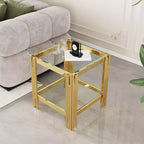 Okak Elegent Double Layer Tempered Glass End Table, Side Table with Mirror Finished Stainless Steel Frame, Accent Table for Living Room