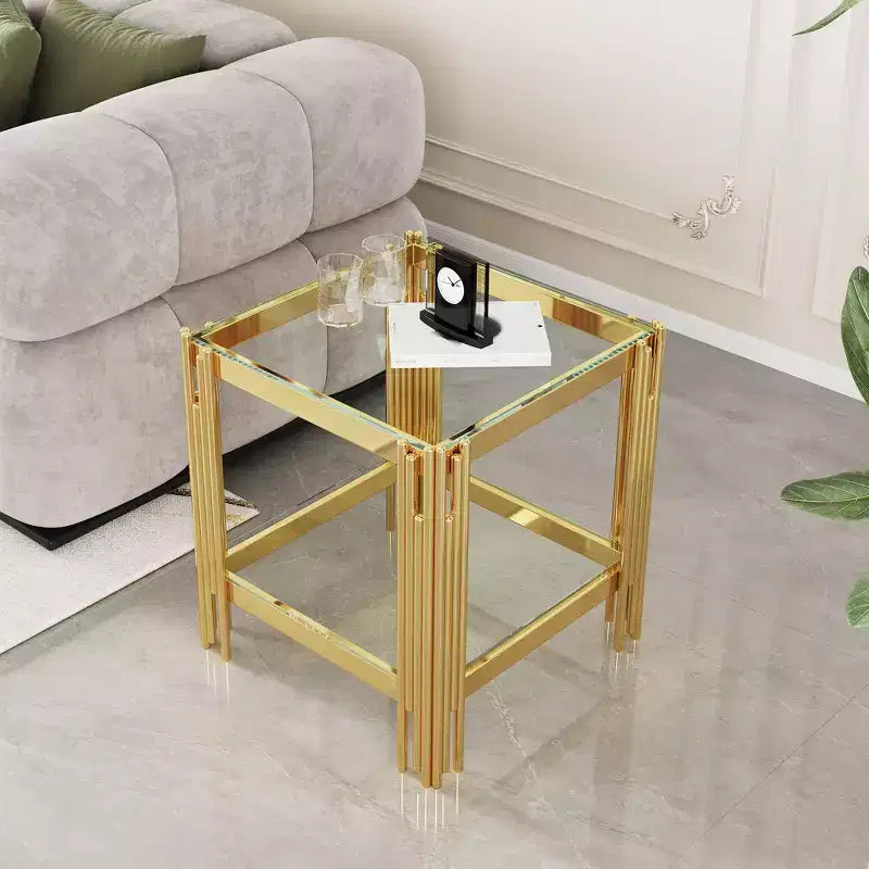 Okak Elegent Double Layer Tempered Glass End Table, Side Table with Mirror Finished Stainless Steel Frame, Accent Table for Living Room
