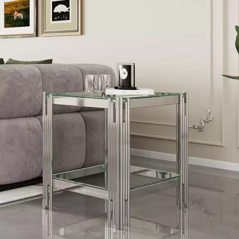 Table d'appoint double couche en verre trempé élégante Okak, avec cadre en acier inoxydable finition miroir, table d'appoint pour le salon