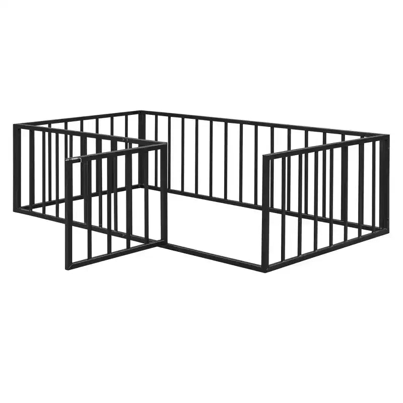 Cadre de lit au sol pour enfants, lit au sol Montessori en métal avec barrières et porte, cadre de lit au sol avec garde-corps en forme de clôture