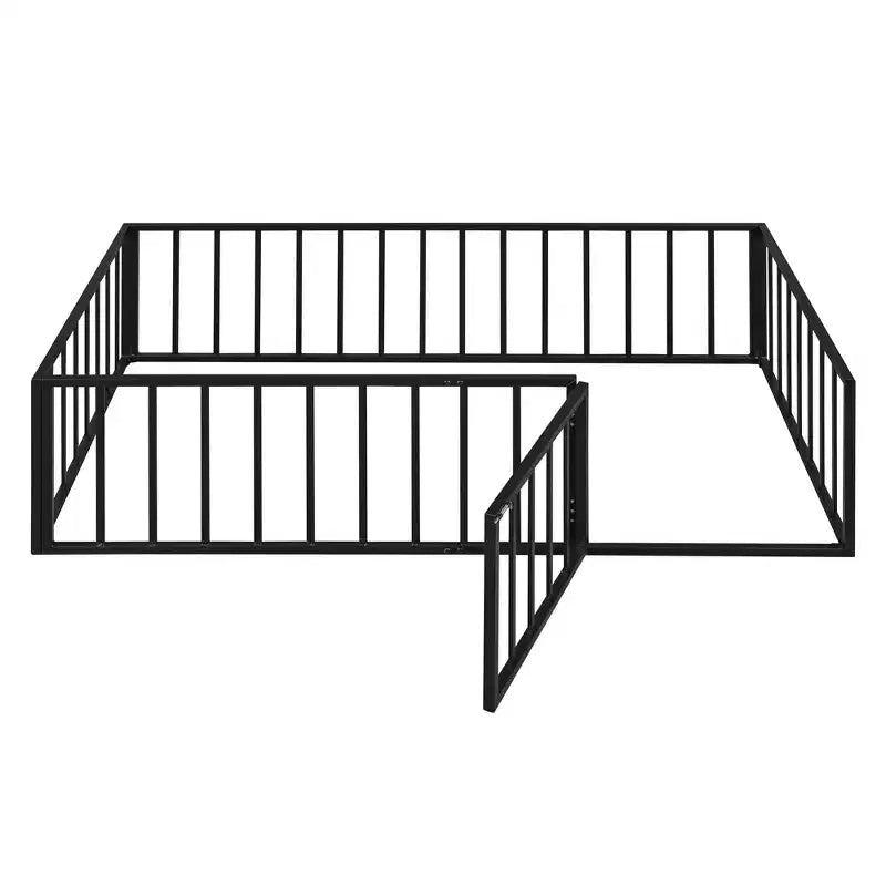 Cadre de lit au sol pour enfants, lit au sol Montessori en métal avec barrières et porte, cadre de lit au sol avec garde-corps en forme de clôture