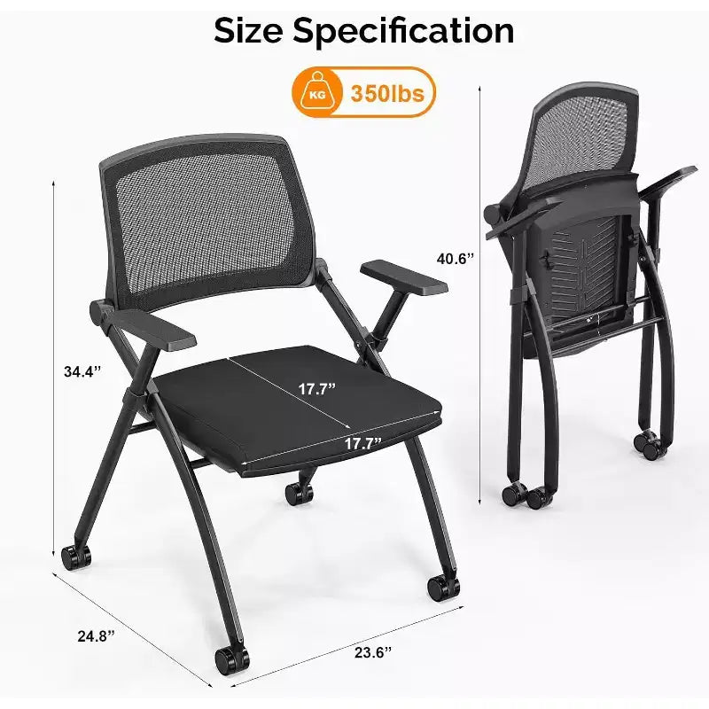 VINGLI Lot de 1 chaise de conférence empilable à roulettes, chaise de bureau pliable avec dossier rebondissant, siège rembourré pour invités, réception, noir