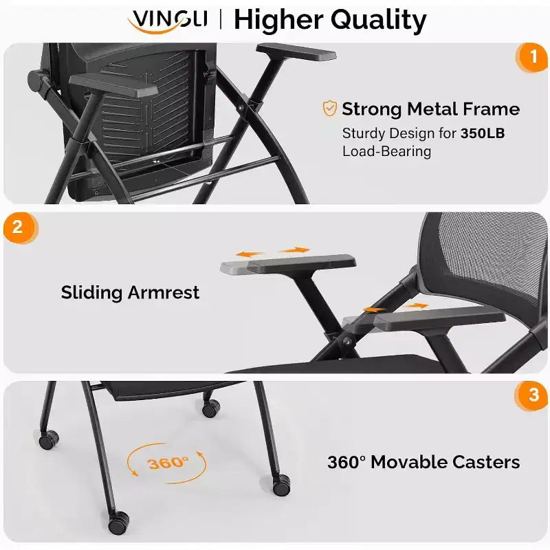 VINGLI Lot de 1 chaise de conférence empilable à roulettes, chaise de bureau pliable avec dossier rebondissant, siège rembourré pour invités, réception, noir