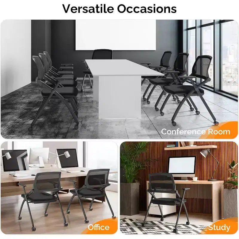 VINGLI Lot de 1 chaise de conférence empilable à roulettes, chaise de bureau pliable avec dossier rebondissant, siège rembourré pour invités, réception, noir