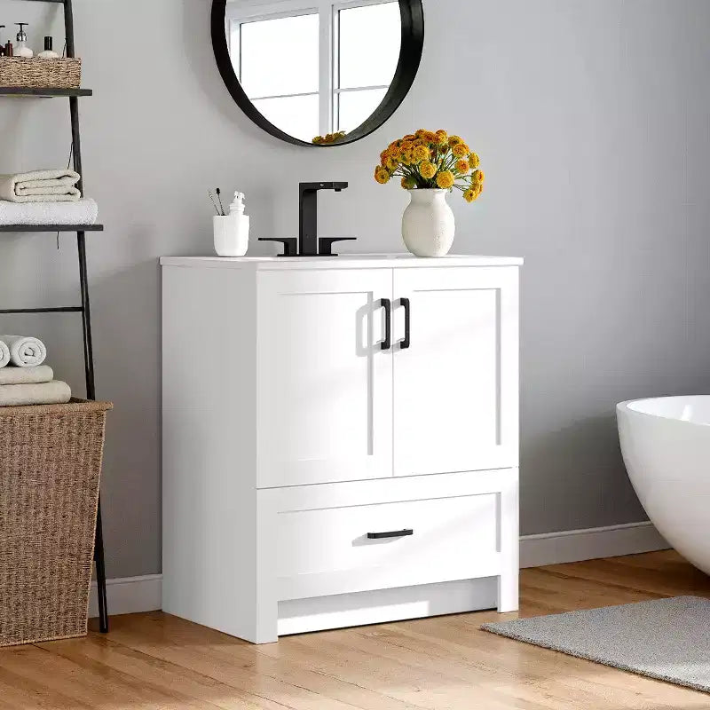 Meuble-lavabo autoportant moderne Yaheetech de 34 pouces avec lavabo, blanc