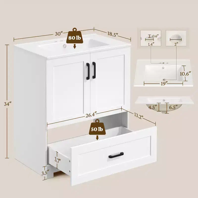 Meuble-lavabo autoportant moderne Yaheetech de 34 pouces avec lavabo, blanc