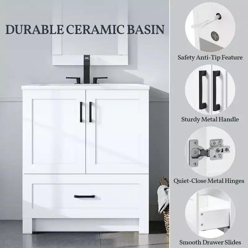 Meuble-lavabo autoportant moderne Yaheetech de 34 pouces avec lavabo, blanc