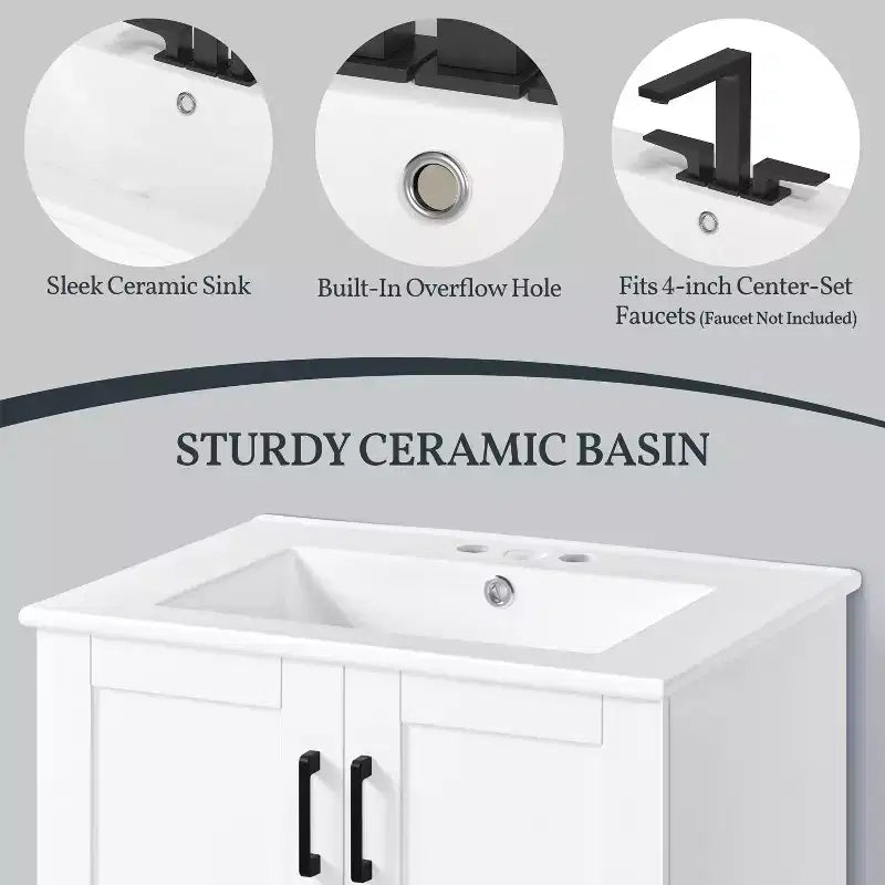 Meuble-lavabo autoportant moderne Yaheetech de 34 pouces avec lavabo, blanc