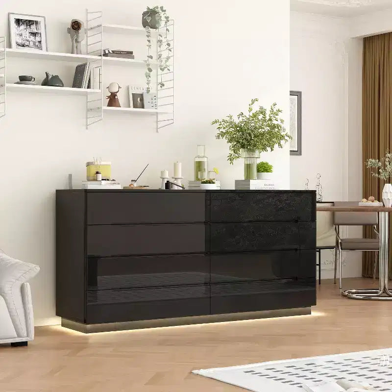 Commode moderne Famapy à 8 tiroirs avec éclairage de base LED, finition brillante et polyvalence multi-pièces, Meuble de rangement, Organisateur élégant pour la maison