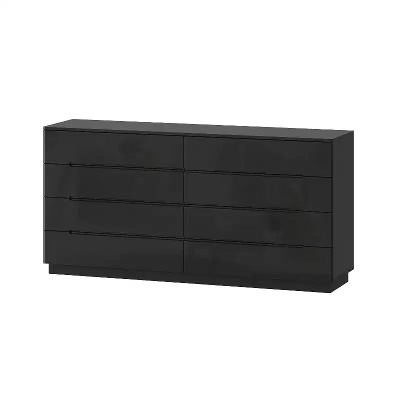 Commode moderne Famapy à 8 tiroirs avec éclairage de base LED, finition brillante et polyvalence multi-pièces, Meuble de rangement, Organisateur élégant pour la maison
