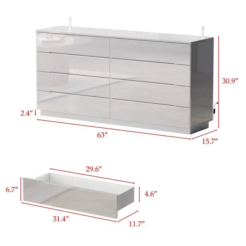 Commode moderne Famapy à 8 tiroirs avec éclairage de base LED, finition brillante et polyvalence multi-pièces, Meuble de rangement, Organisateur élégant pour la maison