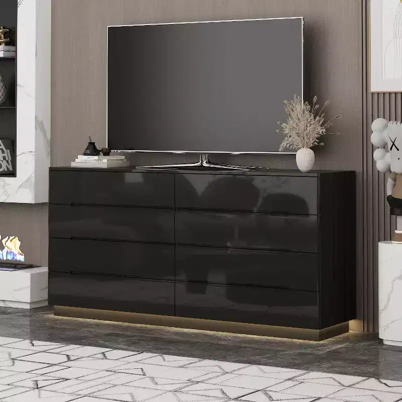 Commode moderne Famapy à 8 tiroirs avec éclairage de base LED, finition brillante et polyvalence multi-pièces, Meuble de rangement, Organisateur élégant pour la maison