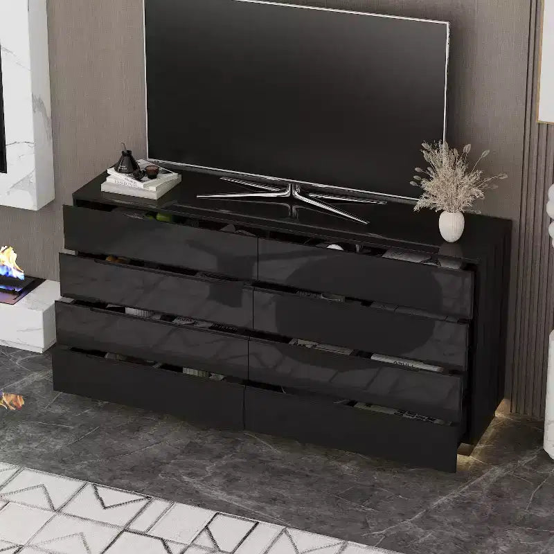 Commode moderne Famapy à 8 tiroirs avec éclairage de base LED, finition brillante et polyvalence multi-pièces, Meuble de rangement, Organisateur élégant pour la maison