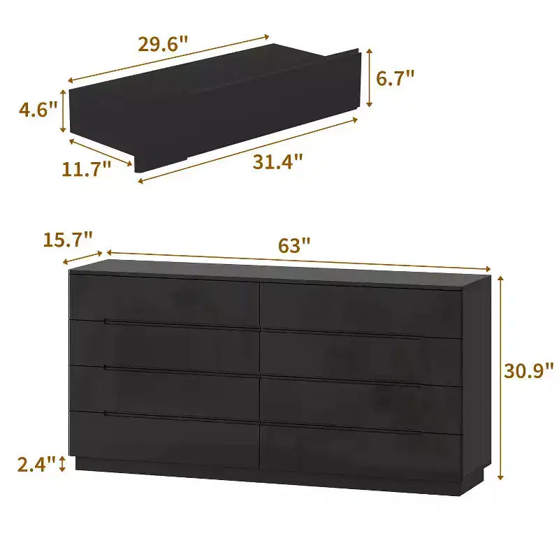 Commode moderne Famapy à 8 tiroirs avec éclairage de base LED, finition brillante et polyvalence multi-pièces, Meuble de rangement, Organisateur élégant pour la maison