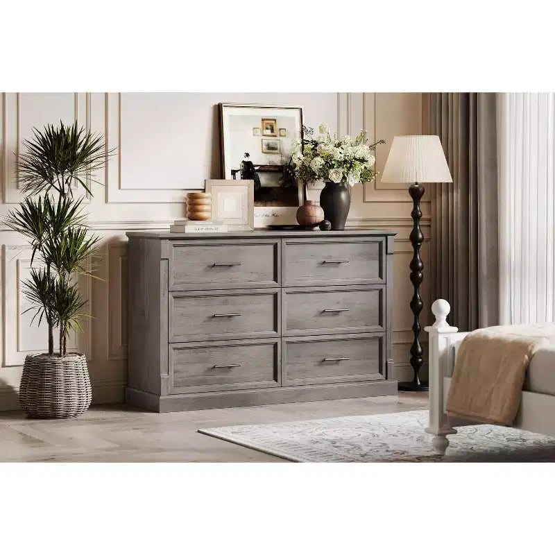 Commode de chambre à 6 tiroirs, grande commode rustique à deux niveaux avec poignées en métal, meuble en bois pour salon et couloir