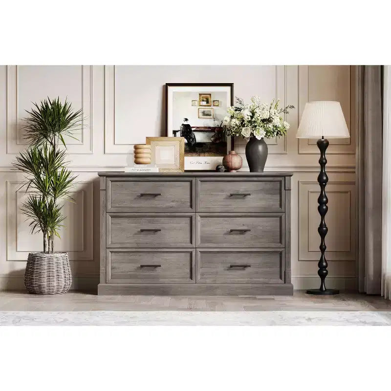 Commode de chambre à 6 tiroirs, grande commode rustique à deux niveaux avec poignées en métal, meuble en bois pour salon et couloir