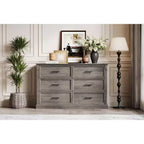 Commode de chambre à 6 tiroirs, grande commode rustique à deux niveaux avec poignées en métal, meuble en bois pour salon et couloir