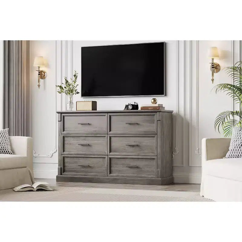 Commode de chambre à 6 tiroirs, grande commode rustique à deux niveaux avec poignées en métal, meuble en bois pour salon et couloir