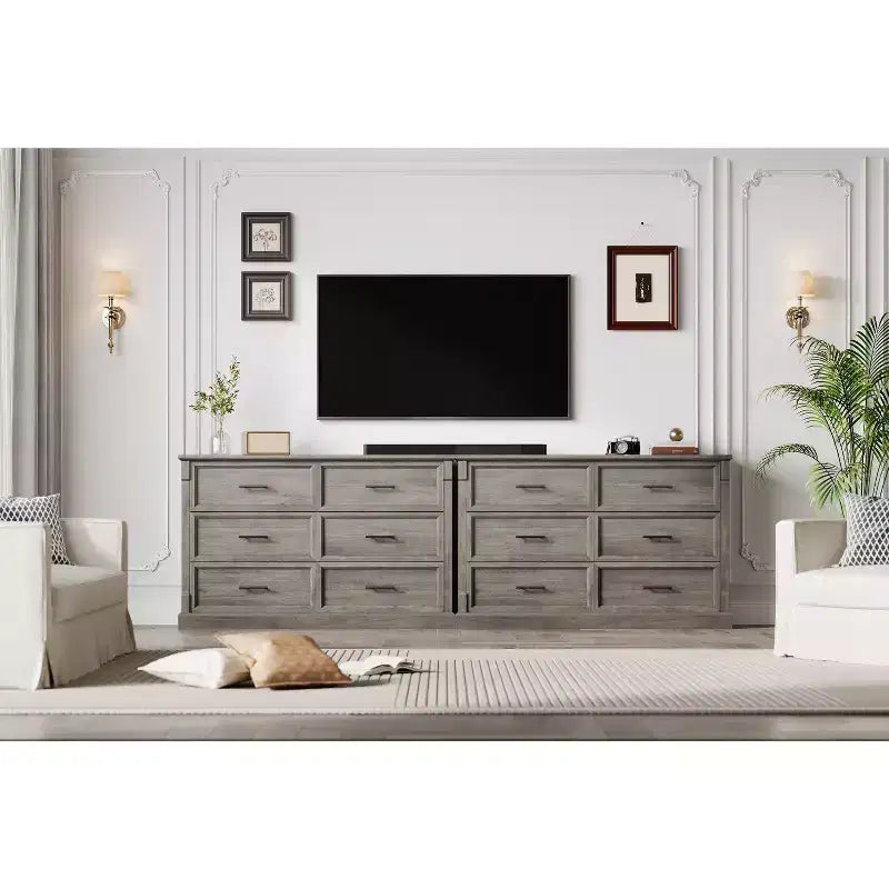 Commode de chambre à 6 tiroirs, grande commode rustique à deux niveaux avec poignées en métal, meuble en bois pour salon et couloir