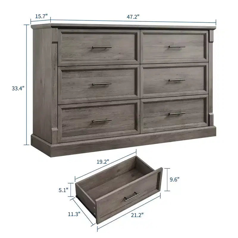 Commode de chambre à 6 tiroirs, grande commode rustique à deux niveaux avec poignées en métal, meuble en bois pour salon et couloir