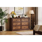Commode de chambre à 6 tiroirs, grande commode rustique à deux niveaux avec poignées en métal, meuble en bois pour salon et couloir